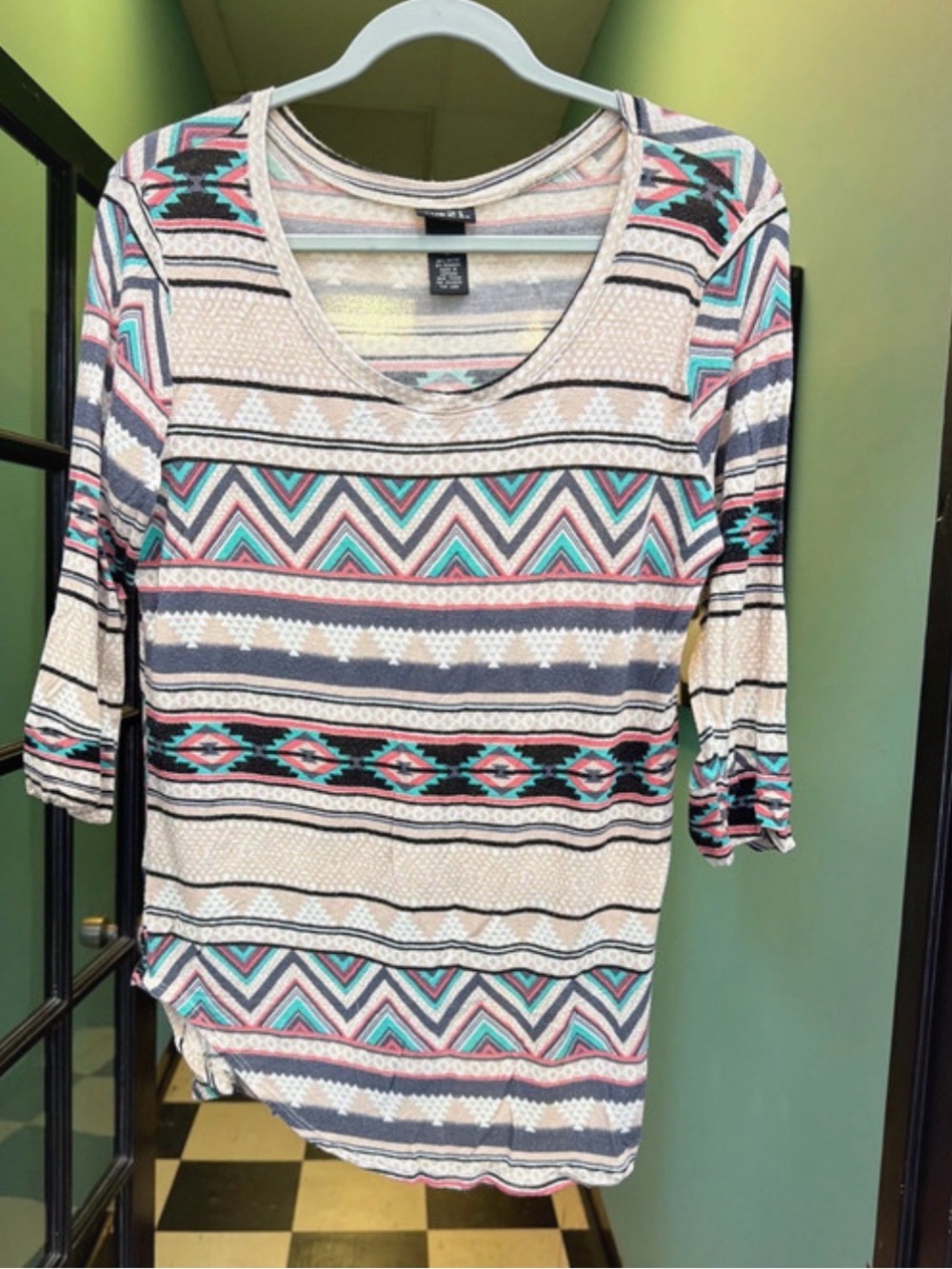 10. Rue21 Aztec Scoop Neck Long Sleeve Top in Cream, Teal & Coral